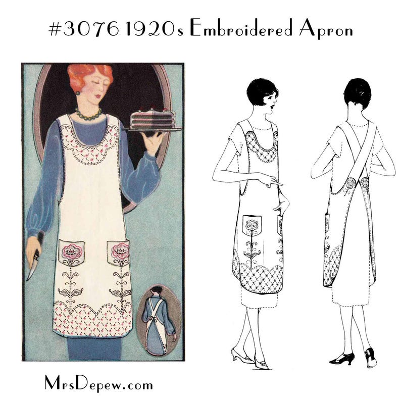 1920s Apron History and Sewing Patterns     One Size Fits All Vintage Sewing Pattern 1920s Ladies Embroidered Apron #3076 - INSTANT DOWNLOAD  AT vintagedancer.com