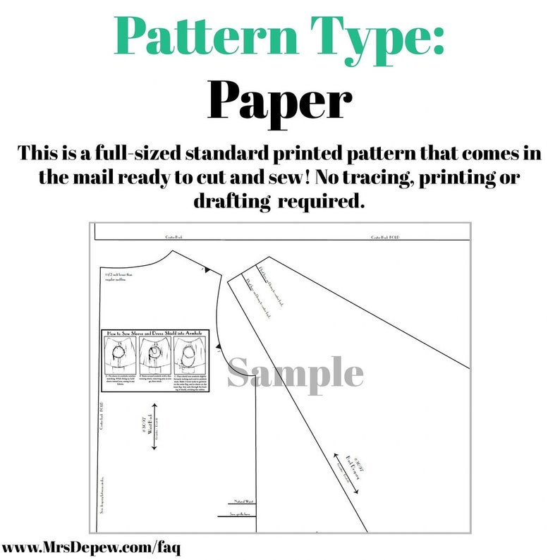 May include: A black and white sample sewing pattern for a garment. The pattern is labeled "Sample" and includes instructions for "Pin the Seams, Sleeves and Dress Shield in Ample". The text "Pattern Type: Paper" is at the top of the image. The text "This is a full-sized standard printed pattern that comes in the mail ready to cut and sew! No tracing, printing or drafting required." is below the pattern type.