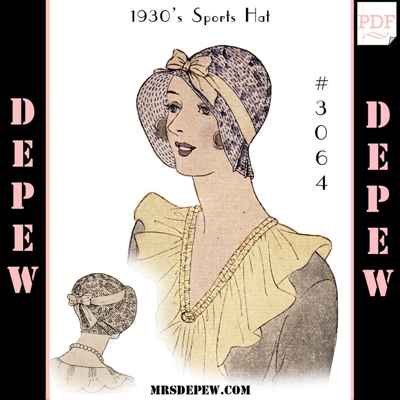 Vintage Sewing Pattern 1920's / 1930's Sports Hat Depew 3064 Digital Print at Home PDF INSTANT DOWNLOAD image 1