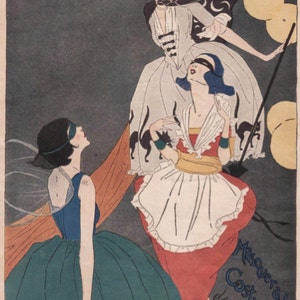 May include: Vintage illustration of three figures in masquerade costumes. The figures are in a dark setting with yellow orbs. The text reads "Masquerade Costumes" and "The Ladies' Home Journal". Published by The Home Pattern Company.