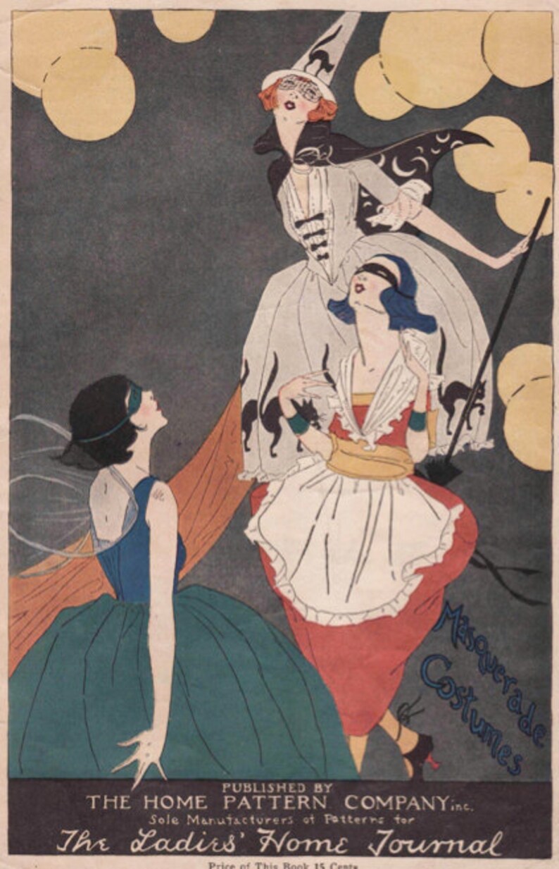 May include: Vintage illustration of three figures in masquerade costumes. The figures are in a dark setting with yellow orbs. The text reads "Masquerade Costumes" and "The Ladies' Home Journal". Published by The Home Pattern Company.
