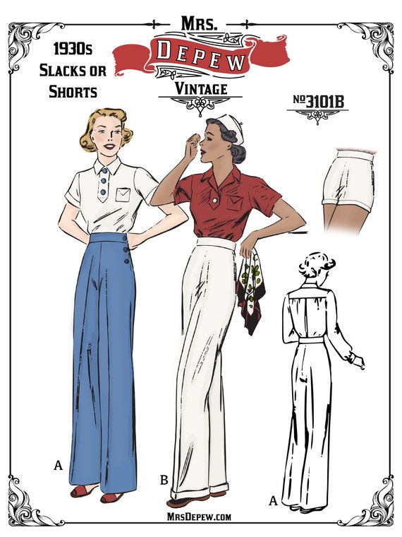 Wide Leg Trousers Vintage Sewing Pattern 1930s 1940s Slacks and