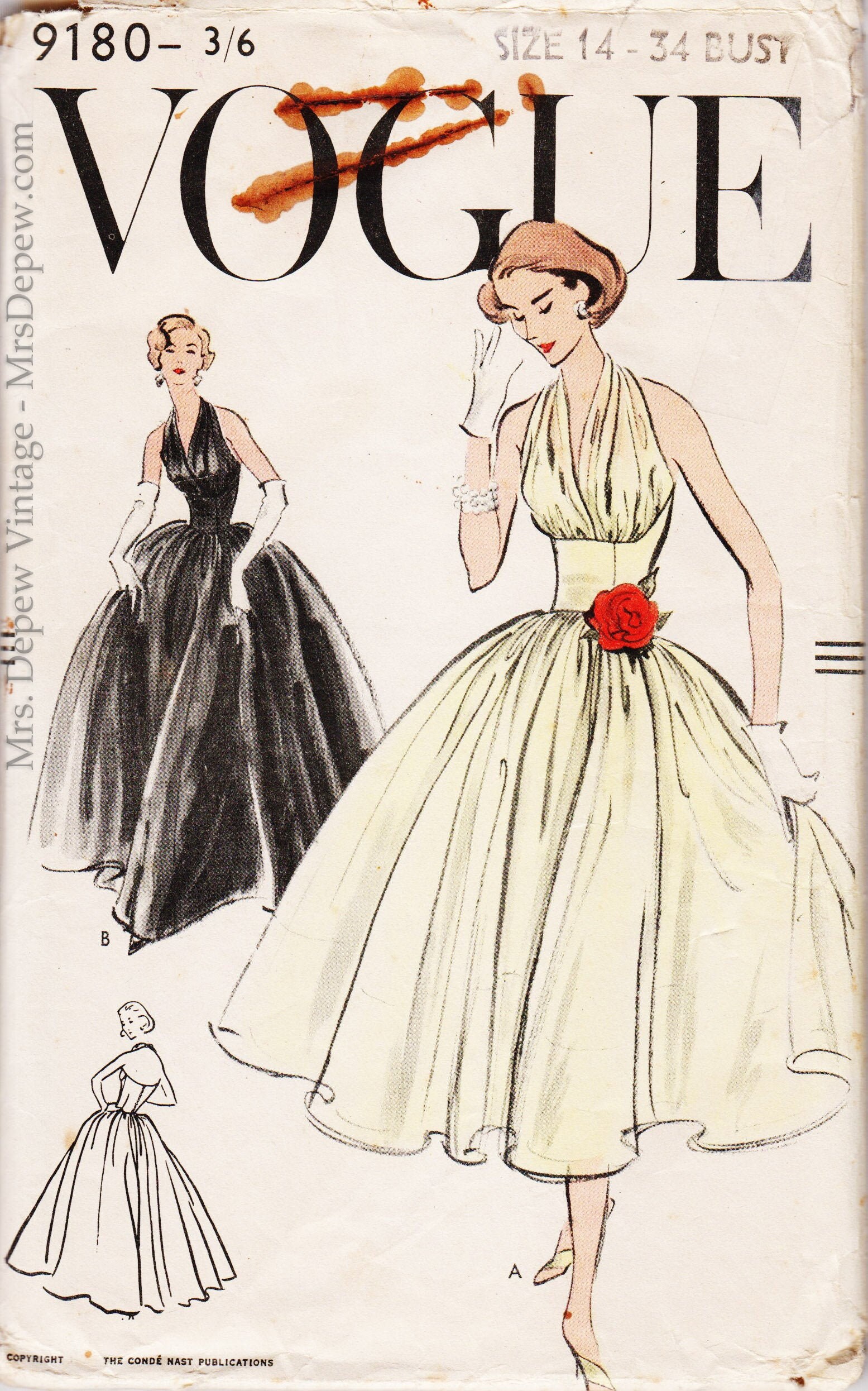 ORIGINAL Vintage Sewing Pattern 1950s Ladies Evening Cocktail Gown Vogue  9180 Size 34 Bust