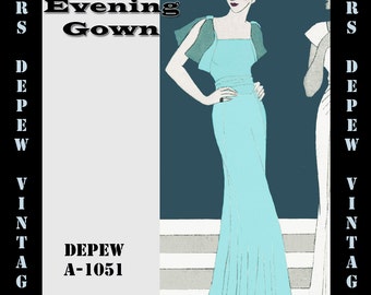 Vintage Sewing Pattern 1930's Evening or Wedding Gown with Gored Skirt in Any Size- Plus Size Included- Depew A-1051 -INSTANT DOWNLOAD-