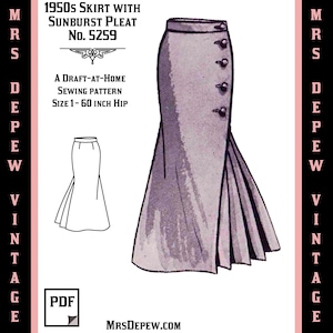 May include: A vintage sewing pattern for a 1950s skirt with a sunburst pleat. The pattern is for sizes 1-60 inch hip. The pattern is called "1950s Skirt with Sunburst Pleat No. 5259" and is a draft-at-home sewing pattern.