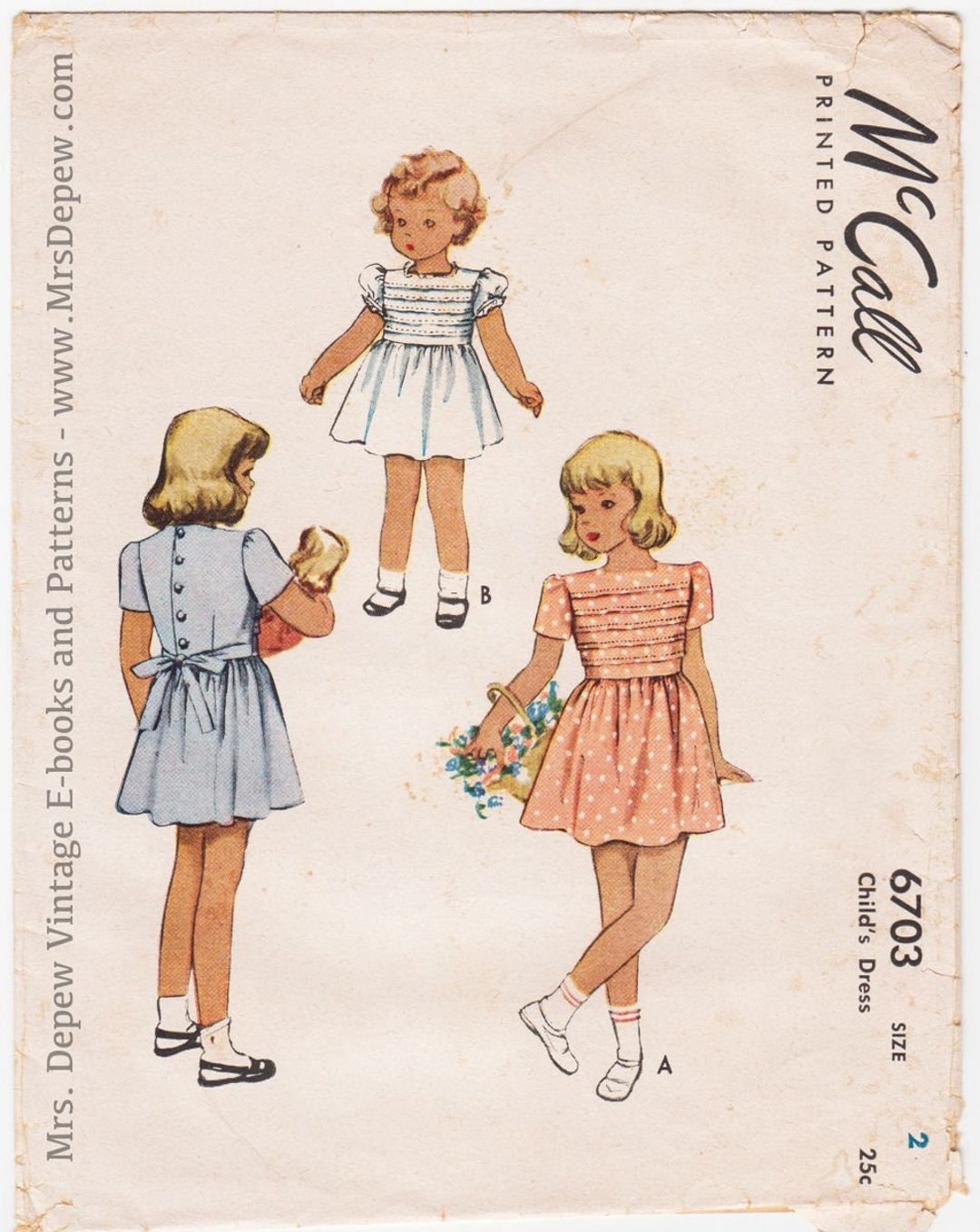 Vintage Sewing Pattern Girls' 1940s Dress Mccall 6703 Size