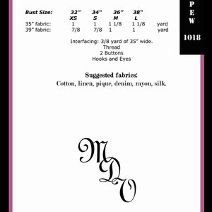 May include: A sewing pattern for a dress with fabric and notions requirements listed for different bust sizes. The pattern includes instructions for interfacing, thread, buttons, and hooks and eyes. The suggested fabrics are cotton, linen, pique, denim, rayon, and silk.