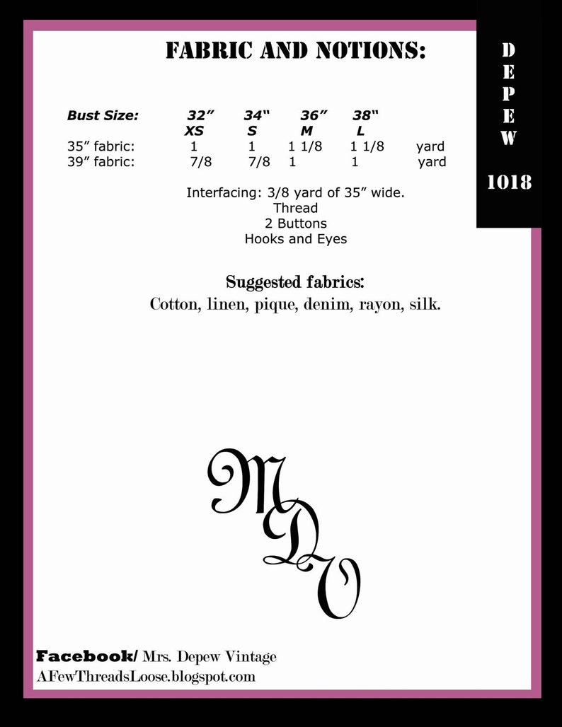 May include: A sewing pattern for a dress with fabric and notions requirements listed for different bust sizes. The pattern includes instructions for interfacing, thread, buttons, and hooks and eyes. The suggested fabrics are cotton, linen, pique, denim, rayon, and silk.