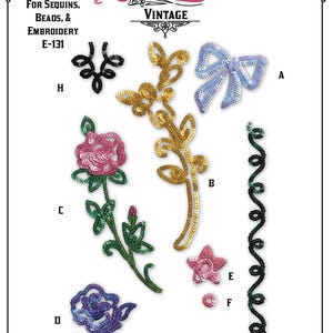 Puede incluir: Una hoja de diseño vintage con patrones de lentejuelas, abalorios y bordados. Los diseños incluyen un lazo, ramitas florales, rosas, una estrella y un borde decorativo. La hoja está etiquetada como "Mrs. Depew Vintage" y contiene el texto "Designs for Sequins, Beads, & Embroidery E-131".