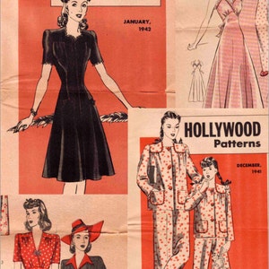 May include: Vintage "Hollywood Patterns" magazine covers. The covers feature illustrations of women's clothing designs, including dresses and pajamas. The January 1942 cover shows a black dress, while the December 1941 cover features matching pajamas for a mother and daughter.