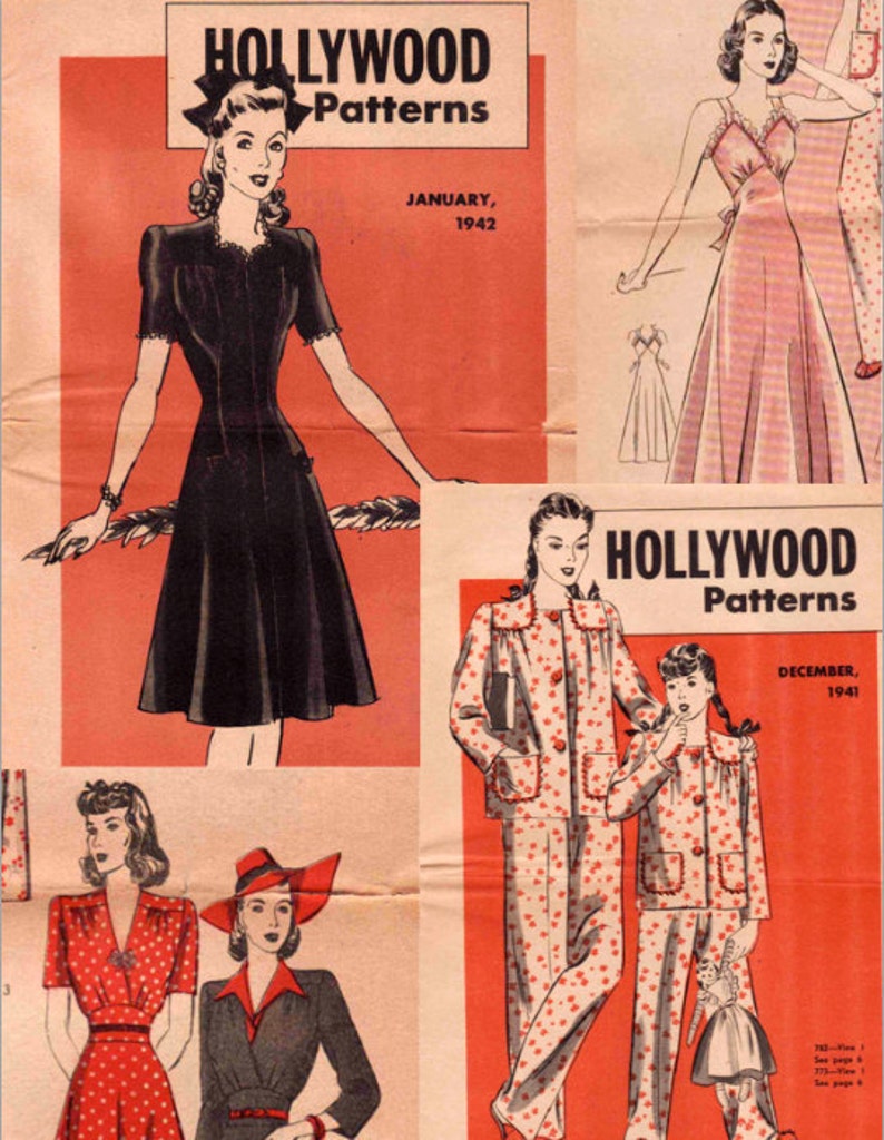 May include: Vintage "Hollywood Patterns" magazine covers. The covers feature illustrations of women's clothing designs, including dresses and pajamas. The January 1942 cover shows a black dress, while the December 1941 cover features matching pajamas for a mother and daughter.