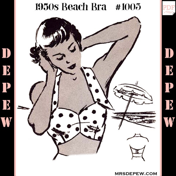 Vintage Sewing Pattern 1950s Beach Bra Halter Top Multi Size Depew 1003 -INSTANT DOWNLOAD-