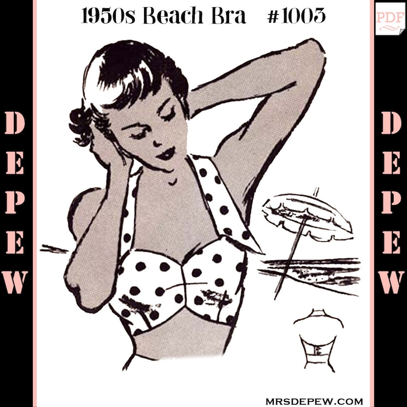 Vintage Sewing Pattern 1950s Beach Bra Halter Top Multi Size image 1