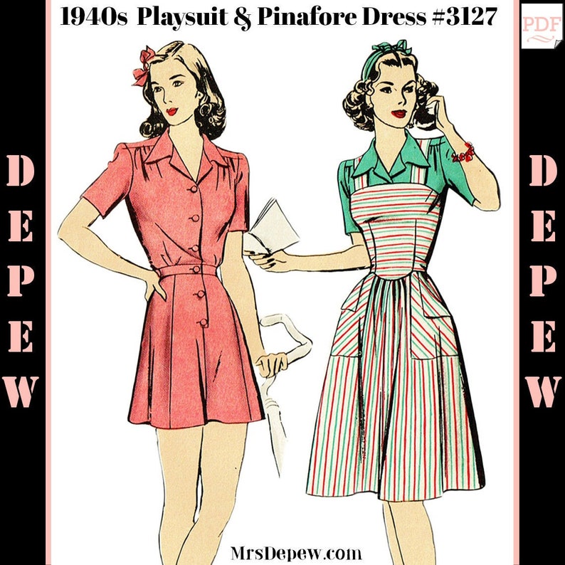 Vintage Sewing Pattern 1940s Ladies' Playsuit Blouse, Shorts and Pinafore Dress Multisize #3127 -INSTANT DOWNLOAD- 