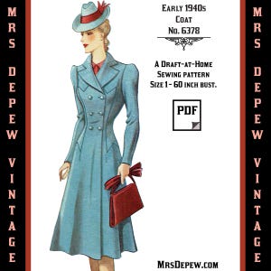 Può includere: Modello di cucito vintage per un cappotto dei primi anni '40. L'illustrazione mostra una donna in un cappotto azzurro con cappello abbinato e borsetta rossa. Il modello è un design fai-da-te, taglie da 1 a 152 cm di busto.