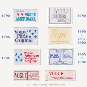 May include: A collection of vintage Vogue labels from the 1950s to the 1970s. The labels feature text such as "Vogue Americana," "Vogue Paris Original," and "Vogue Couturier Design" in various colors and fonts. The labels are rectangular and stitched.