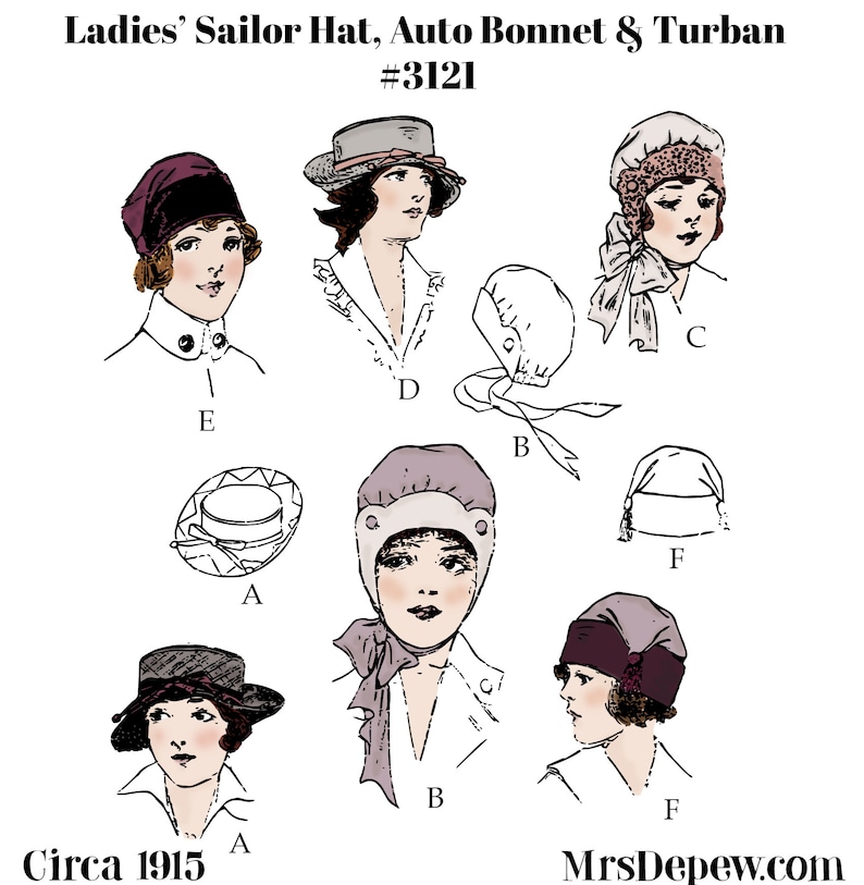 Edwardian Hats, Titanic Hats, Tea Party Hats Vintage Sewing Pattern 1910s Ladies’ Sailor hat Auto Bonnet and Turban 1915 #3121-INSTANT DOWNLOAD- $7.50 AT vintagedancer.com