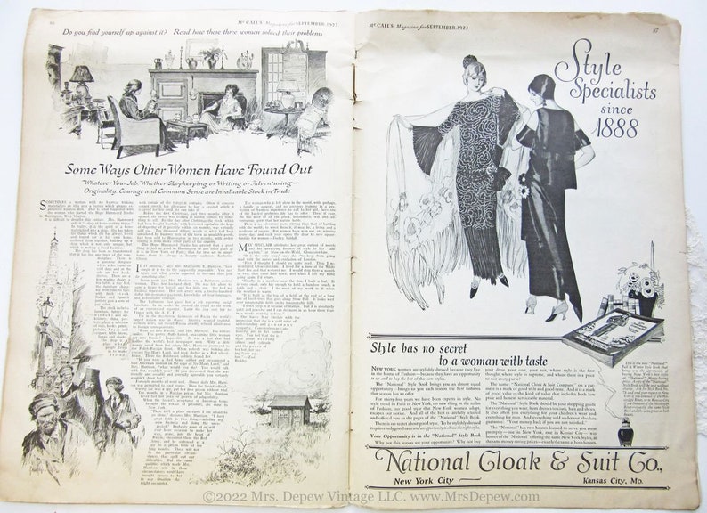 May include: A black and white magazine advertisement for National Cloak & Suit Co., a style specialist since 1888. The ad features two women in fashionable dresses and the text "Style has no secret to a woman with taste".