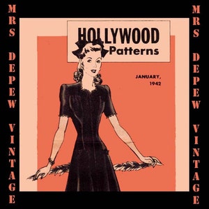 May include: Vintage "Hollywood Patterns" cover art. The image features a woman in a black dress with a bow in her hair. The text "January, 1942" is visible. The image is framed with the text "MRS DEPEW VINTAGE".