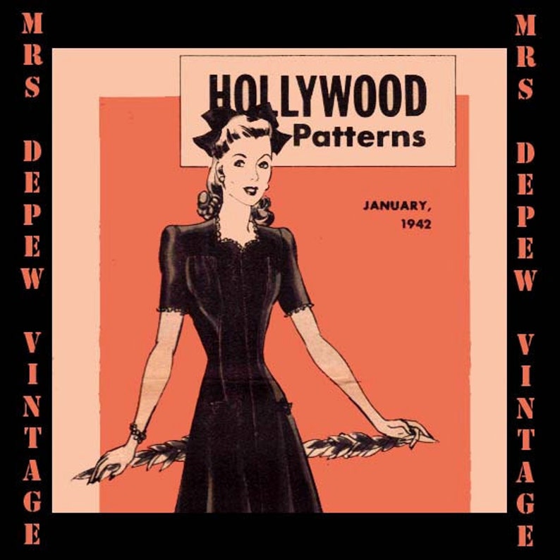 May include: Vintage "Hollywood Patterns" cover art. The image features a woman in a black dress with a bow in her hair. The text "January, 1942" is visible. The image is framed with the text "MRS DEPEW VINTAGE".