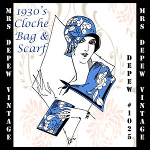 Vintage Sewing Pattern French 1930's Cloche Hat, Clutch Bag and Scarf PDF Depew 1025 -INSTANT DOWNLOAD-