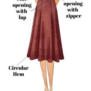 May include: A vintage illustration of a woman wearing a brown skirt with a circular hem. The skirt has a side opening that can be closed with a zipper or a lap. The text "Depew #3166 Dressmaking Primer" is at the top of the image.