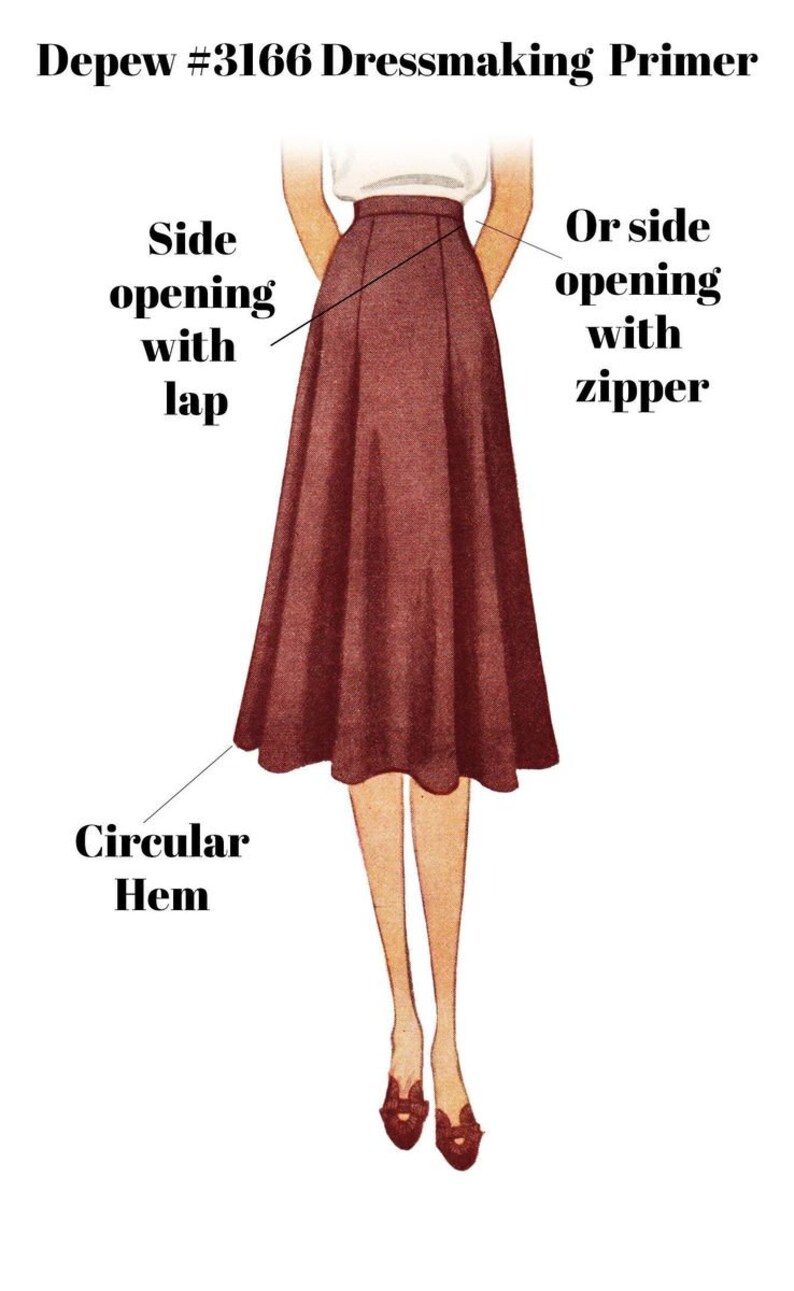 May include: A vintage illustration of a woman wearing a brown skirt with a circular hem. The skirt has a side opening that can be closed with a zipper or a lap. The text "Depew #3166 Dressmaking Primer" is at the top of the image.
