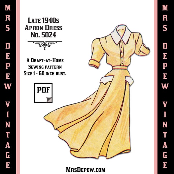 Vintage Sewing Pattern Template & Scale Rulers 1940s Apron Dress- Any Size - PLUS Size Included -  5024 -INSTANT DOWNLOAD-