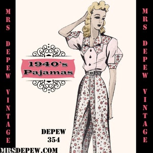 Vintage Sewing Pattern Template & Scale Rulers 1940s Pajama Blouse and Trousers in Any Size- PLUS Size Included-  354 -INSTANT DOWNLOAD-