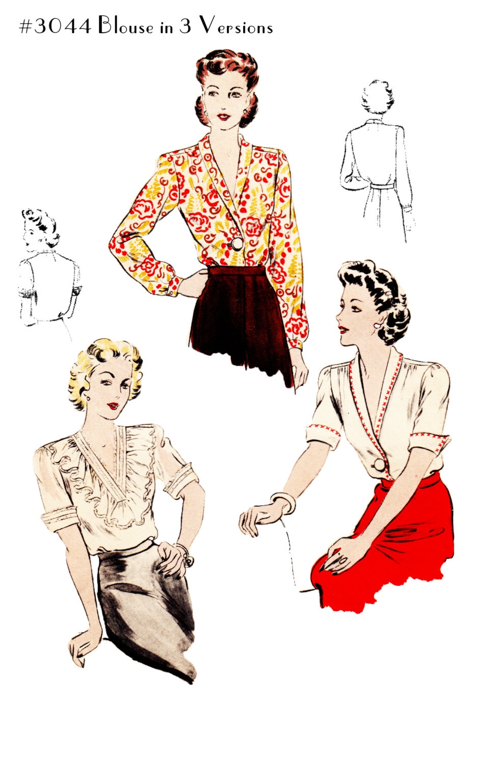 Vintage Sewing Pattern Ladies Blouses 1940s Size 32 Inch Bust #3044