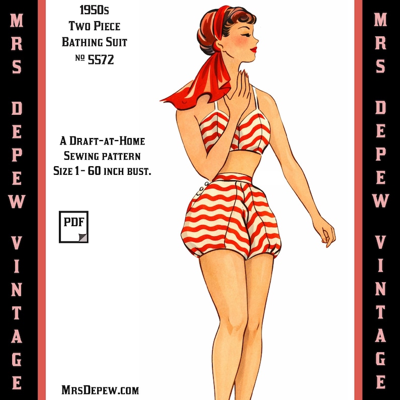 Vintage Sewing Pattern Template & Scale Rulers 1950s Two-Piece Bathing Suit in Any Size - PLUS Size Included - 5572 -INSTANT DOWNLOAD- image 1