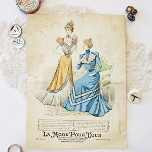 1890 年代のオリジナル女性誌のフランスのファッション プリント ページ、ガウン特集