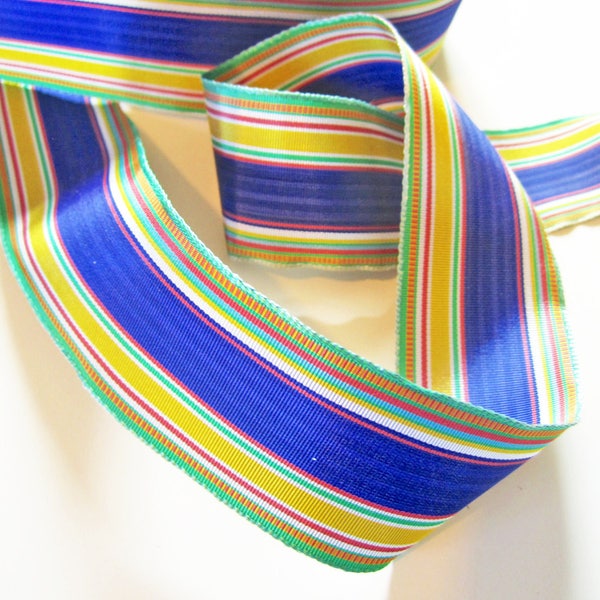 Vintage Rayon Millinery & Dressmaking Ribbon 1 1/2" Wide Blue, Green, Yellow Striped Taffeta No. 1