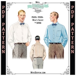 Può includere: Un'illustrazione digitale di un cartamodello per camicia degli anni '20-'30, etichettato No 3098 da Mrs. Depew Vintage. L'immagine mostra tre viste di una camicia a maniche lunghe con colletto e papillon, in bianco, azzurro e a righe.