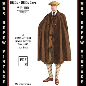 Menswear Vintage Sewing Pattern 1920s 1930's Mens' or Ladies' Cape in Any Size Depew F-100 - Plus Size Included -INSTANT DOWNLOAD-