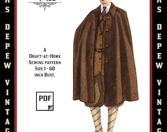 Menswear Vintage Sewing Pattern 1920s 1930's Mens' or Ladies' Cape in Any Size Depew F-100 - Plus Size Included -INSTANT DOWNLOAD-