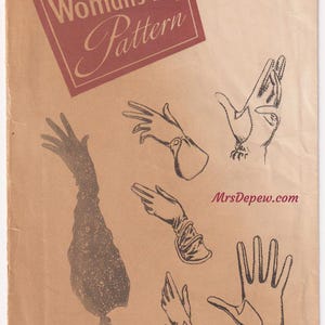 May include: A vintage Woman's Day Pattern envelope, number 3264, size 6 1/4, featuring brown ink illustrations of various glove styles on a tan background. The text includes Woman's Day Pattern, 3264, SIZE 6 1/4, and MrsDepew.com.