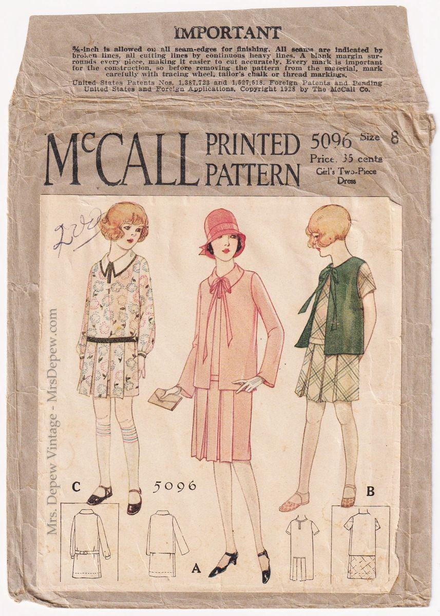 1927 Vintage Sewing Pattern Girls' 1920s Two-piece Dress Mccall