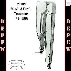 Menswear Vintage Sewing Pattern 1930s Men&#39;s and Boy&#39;s Trouser in Any Size Depew F-1016 - Plus Size -INSTANT DOWNLOAD-