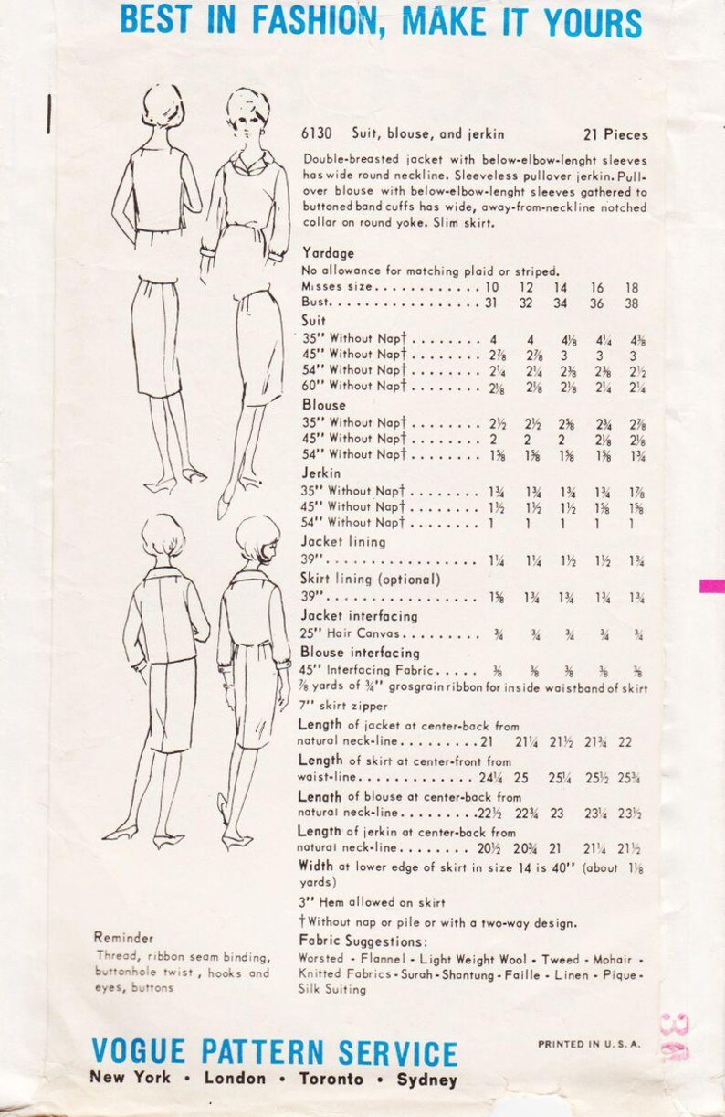 Patrón de costura vintage para traje, blusa y jubón de mujer, años 60, Vogue 6130, busto de 81 cm imagen 2