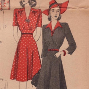 May include: Vintage fashion illustration featuring two women in dresses. One woman wears a red polka dot dress with a V-neck and short sleeves. The other wears a dark gray dress with a red collar, a matching hat, and a red belt.