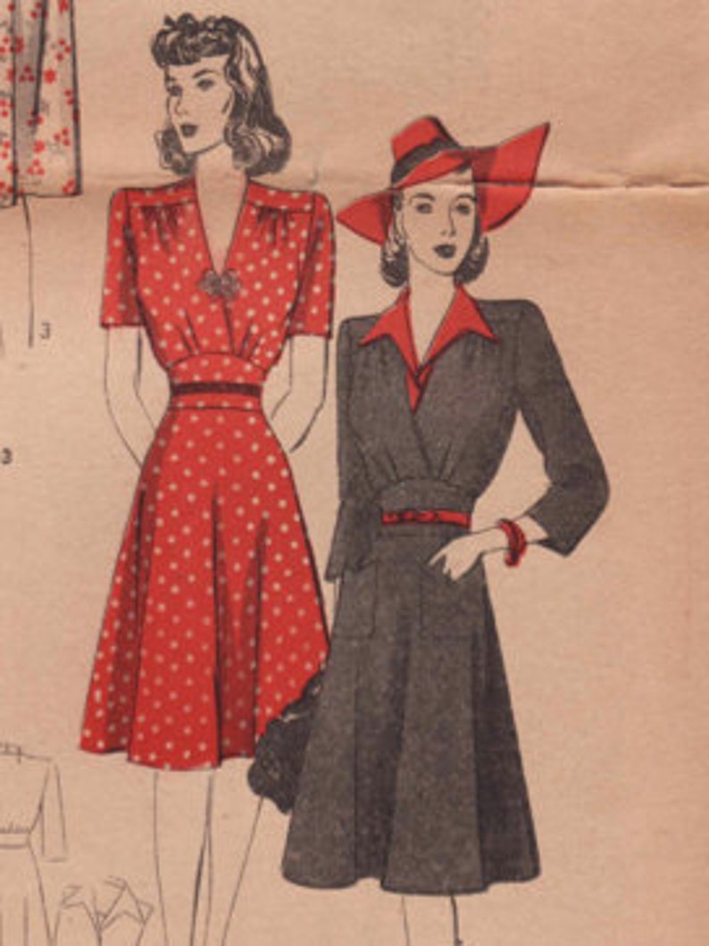 May include: Vintage fashion illustration featuring two women in dresses. One woman wears a red polka dot dress with a V-neck and short sleeves. The other wears a dark gray dress with a red collar, a matching hat, and a red belt.