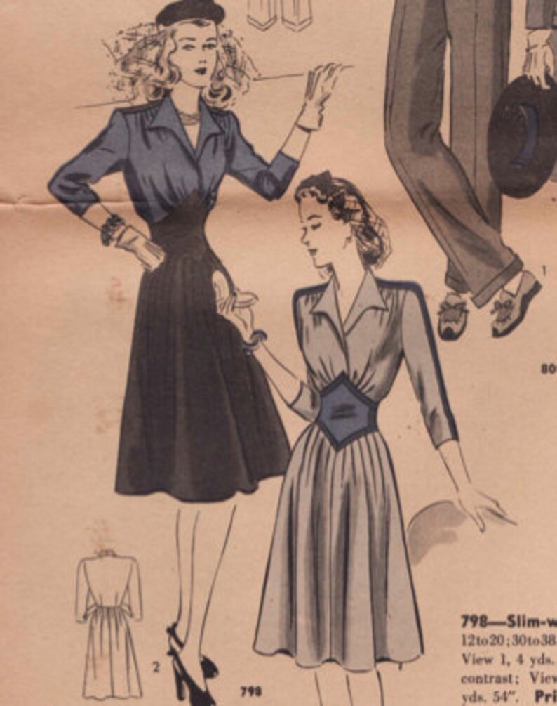 May include: Vintage fashion illustration featuring two women in dresses. One dress is navy blue with a fitted bodice and flared skirt. The other dress is light gray with a dark blue diamond-shaped detail at the waist. The illustration includes text.