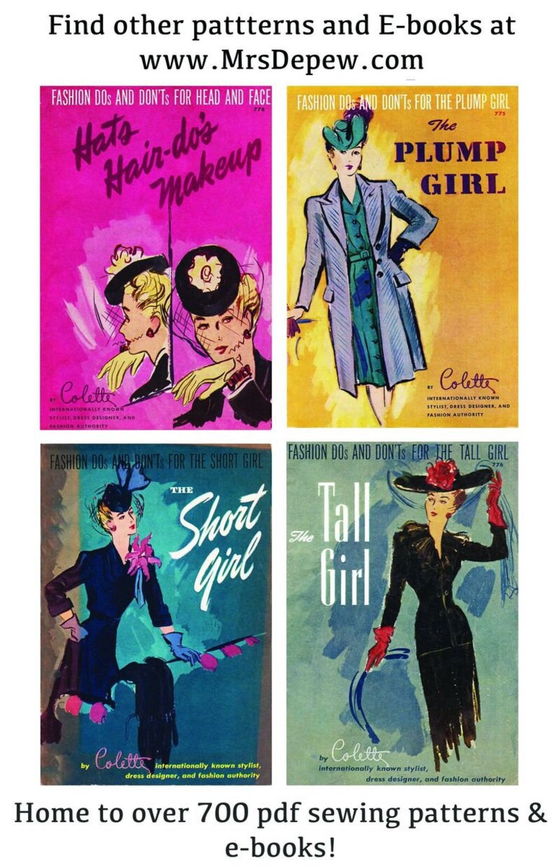 May include: Four vintage book covers featuring illustrations of women wearing different styles of clothing and hats. The covers are titled "Hats Hair-do's Makeup", "The Plump Girl", "The Short Girl", and "The Tall Girl". Each cover includes the text "by Colette, internationally known stylist, dress designer, and fashion authority".