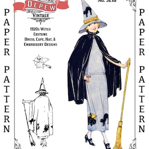 May include: Vintage paper pattern for a 1920s witch costume. The illustration shows a woman in a gray dress, black cape, and witch hat, holding a broom. The pattern includes dress, cape, hat, and embroidery designs. The text reads "MRS. DEPEW VINTAGE".