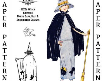 1924 Halloween Vintage Sewing Pattern 1920s Multi Size Witch Costume Dress, Cape and Hat #3210 32-50" Bust- Paper Version