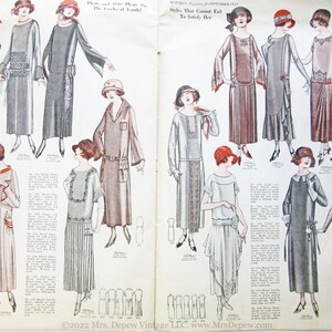 May include: A vintage fashion magazine page featuring a collection of women's dresses from the 1920s. The dresses are all in various styles and colors, including black, brown, gray, and white. The magazine page also includes text that describes the dresses and their features.