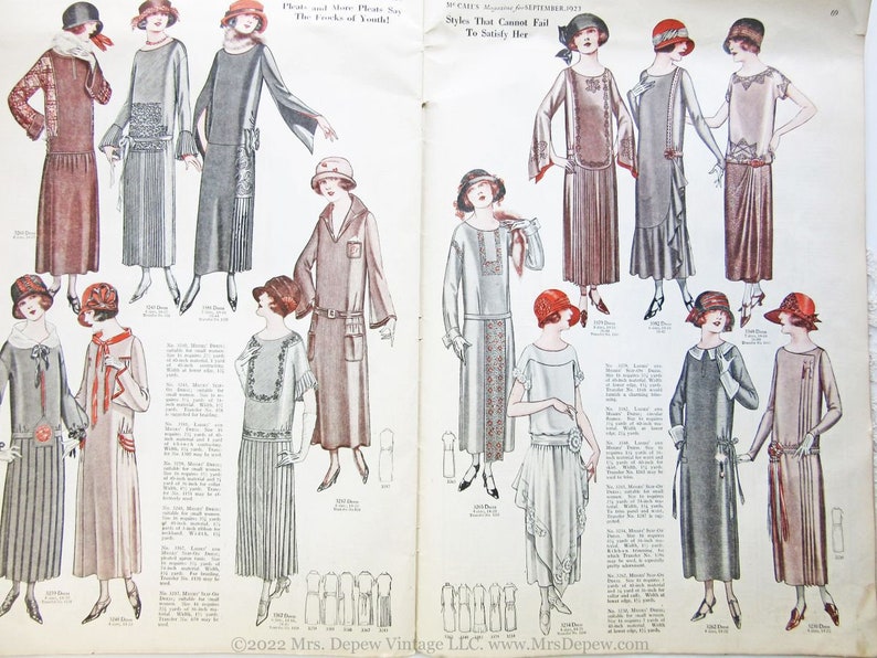 May include: A vintage fashion magazine page featuring a collection of women's dresses from the 1920s. The dresses are all in various styles and colors, including black, brown, gray, and white. The magazine page also includes text that describes the dresses and their features.