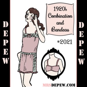 May include: A vintage illustration of a 1920s combination and bandeau, featuring a woman wearing a pink slip dress with lace trim and a bandeau top. The illustration is labeled "1920s Combination and Bandeau #2021" and includes the website "mrsdepew.com".