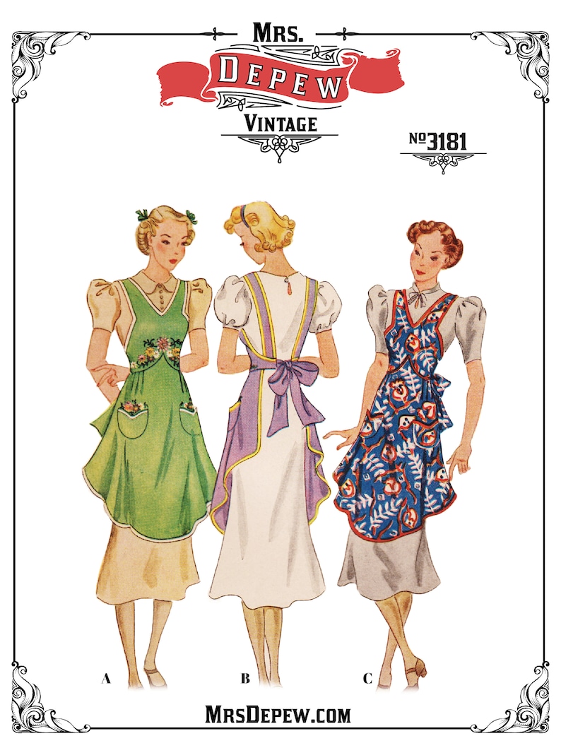 Vintage Aprons, Retro Aprons, Old Fashioned Aprons & Patterns     Vintage Sewing Pattern 1930s Ladies Apron #3181 Multisize S M L XL - Instant Download  AT vintagedancer.com